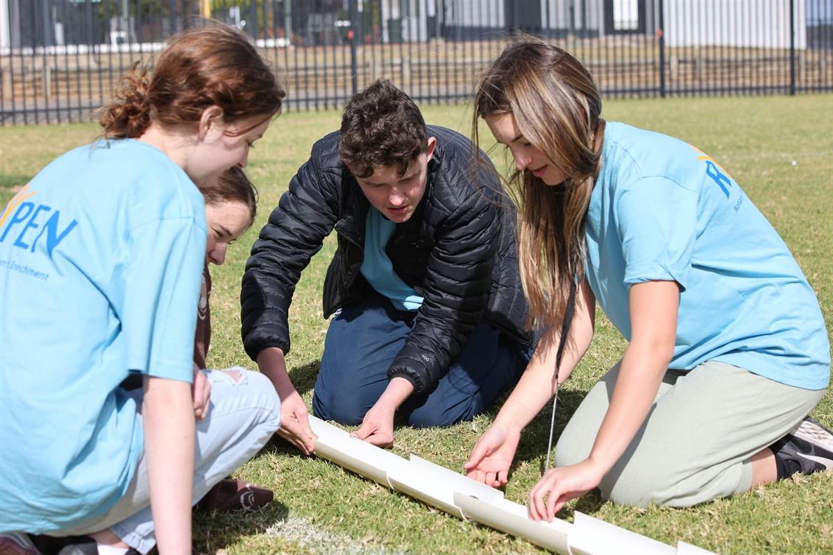 Participants balancing a plank together on the grass